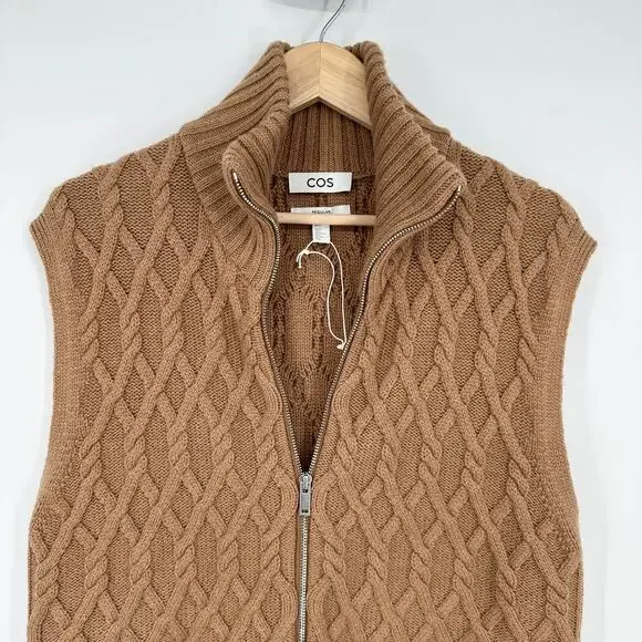 COS Men's Cable Knit Sweater Vest 100% Wool Sleeveless Full Zip Rib Knit, Tan - Picture 6 of 14